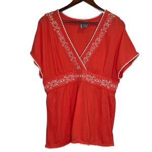New Directions Weekend Coral Peplum Top V-Neck Embroidery Aztec Womens Size XL
